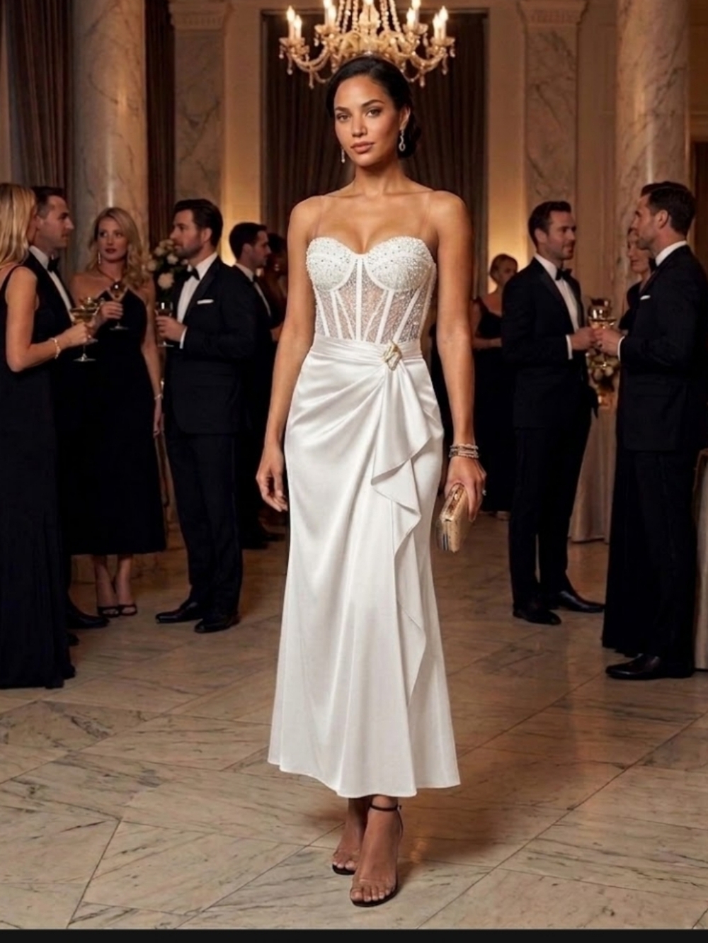 Satiny White Faux Wrapped On Side With Gold Buckle Maxi Skirt